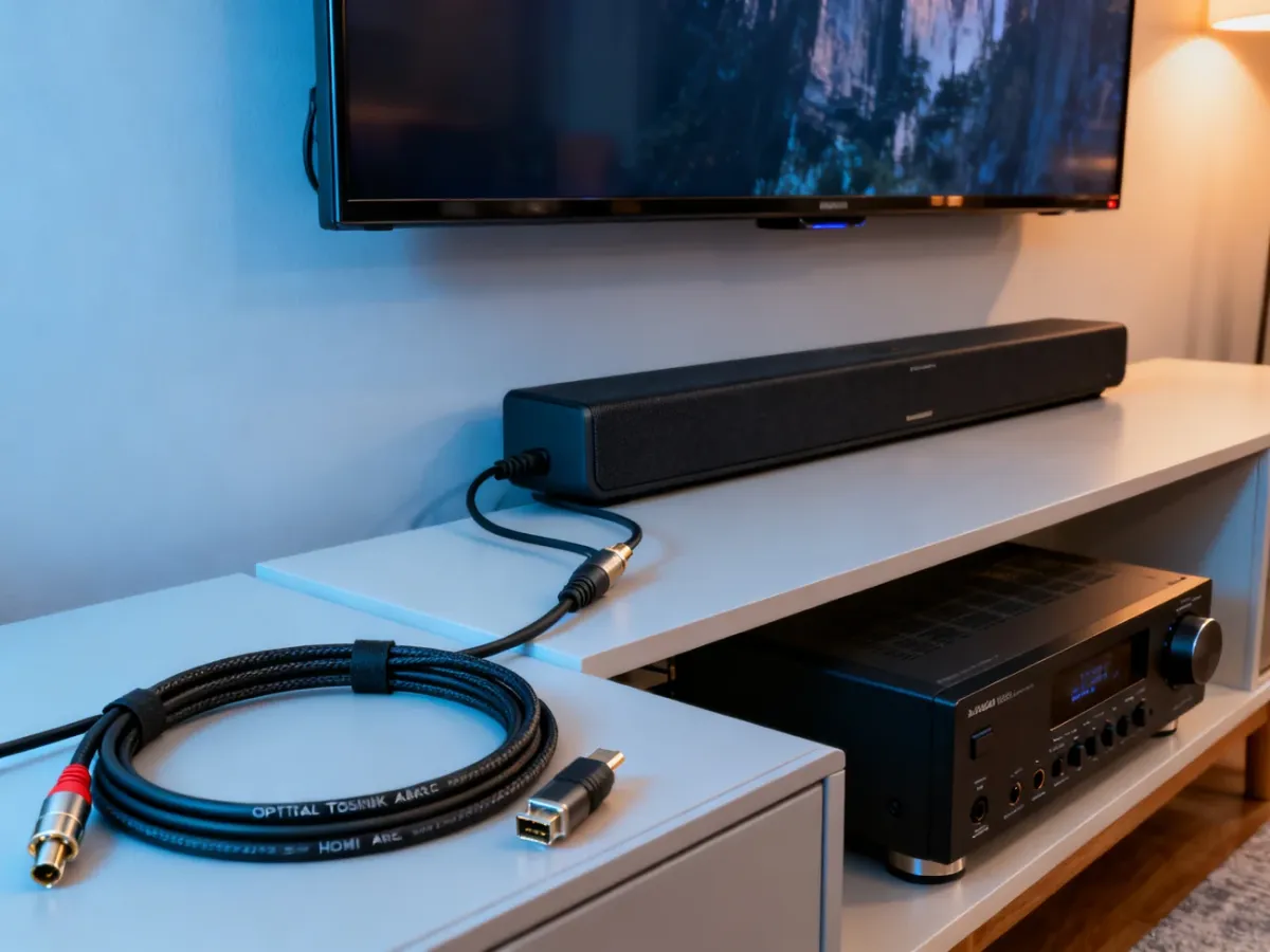 Telewizor połączony z soundbarem i amplitunerem za pomocą przewodów audio