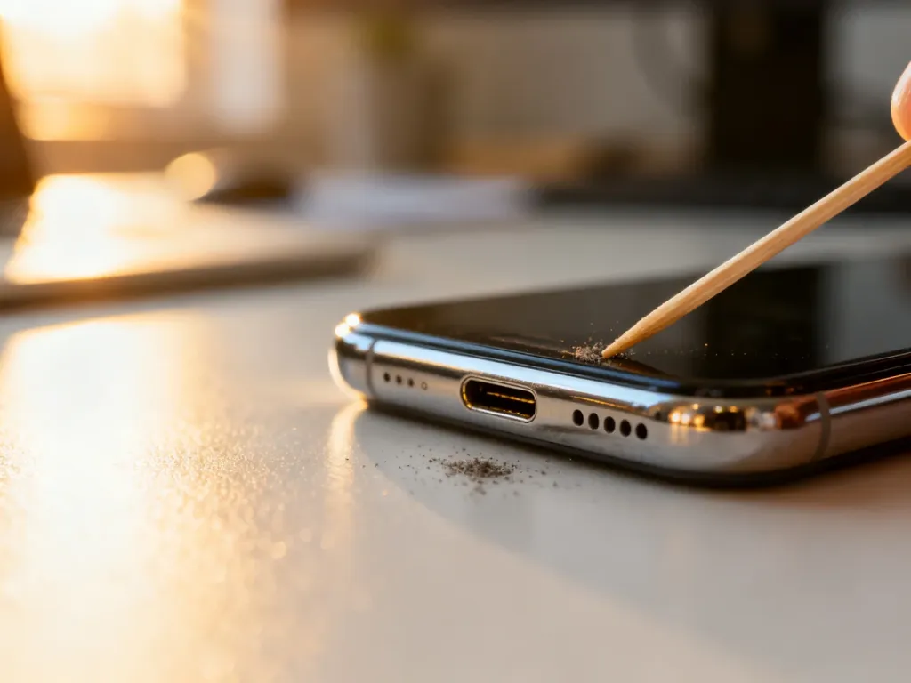 Czyszczenie gniazda ładowania telefonu za pomocą drewnianej wykałaczki w celu usunięcia drobinek kurzu.