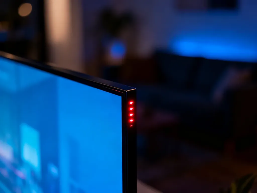 Migająca czerwona dioda na krawędzi telewizora w ciemnym salonie, sygnalizująca błąd techniczny urządzenia.