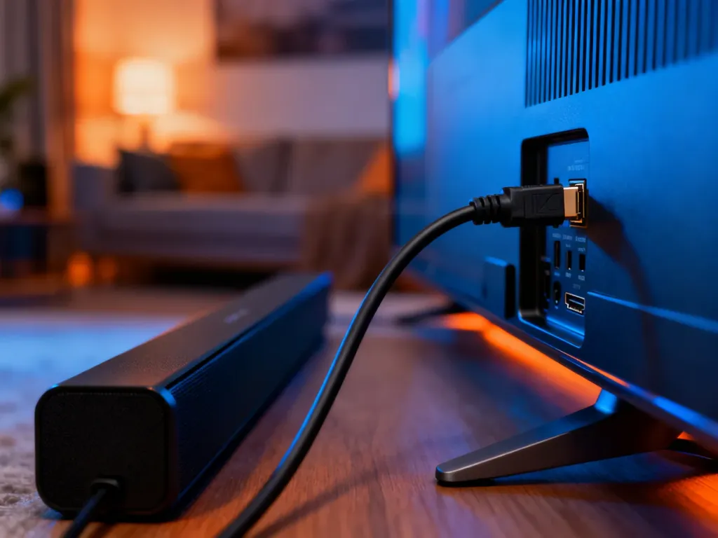 Zbliżenie na tylny panel telewizora i soundbara połączonych kablem HDMI w nowoczesnym salonie.