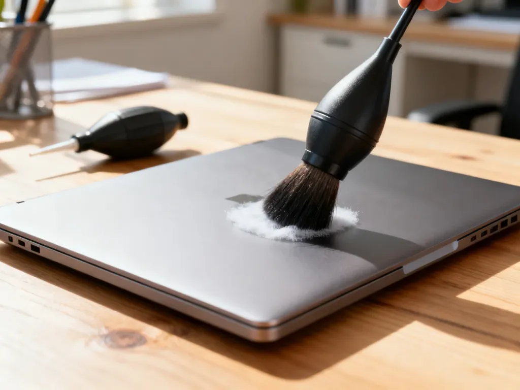 Czyszczenie laptopa za pomocą pędzelka i sprężonego powietrza na biurku w domowym biurze.