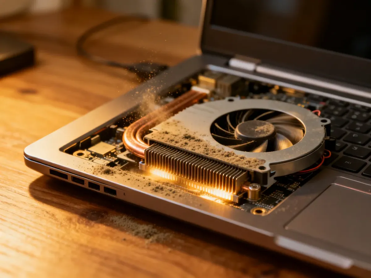 Laptop z zakurzonym układem chłodzenia i przegrzewającym się procesorem
