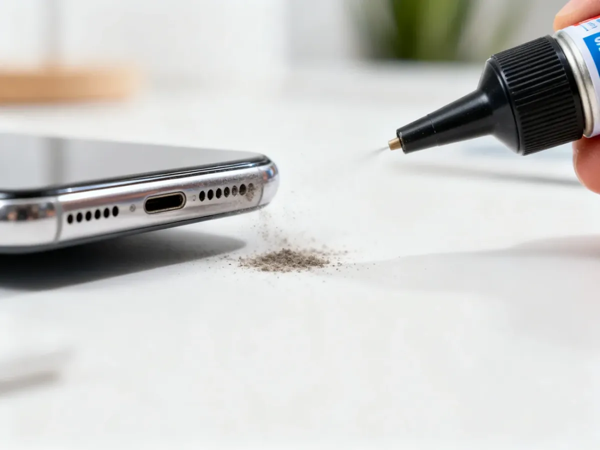 Czyszczenie dolnych otworów głośnika telefonu sprężonym powietrzem