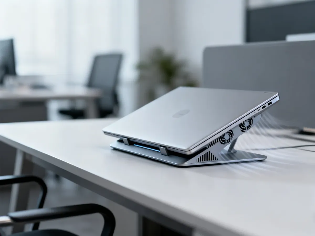 Laptop uniesiony na podstawce chłodzącej na biurku