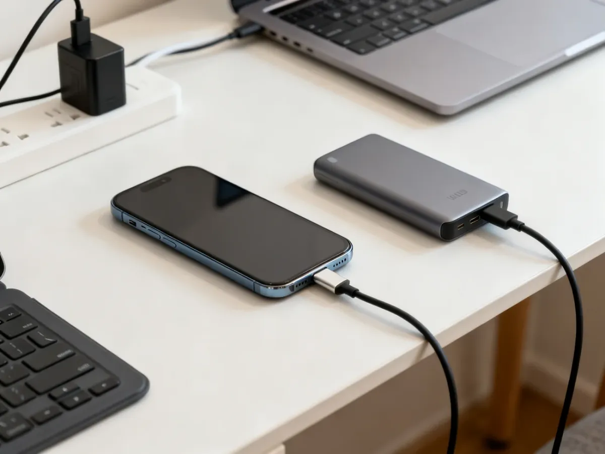 Smartfon podłączony do ładowarki obok kabla, powerbanku i laptopa