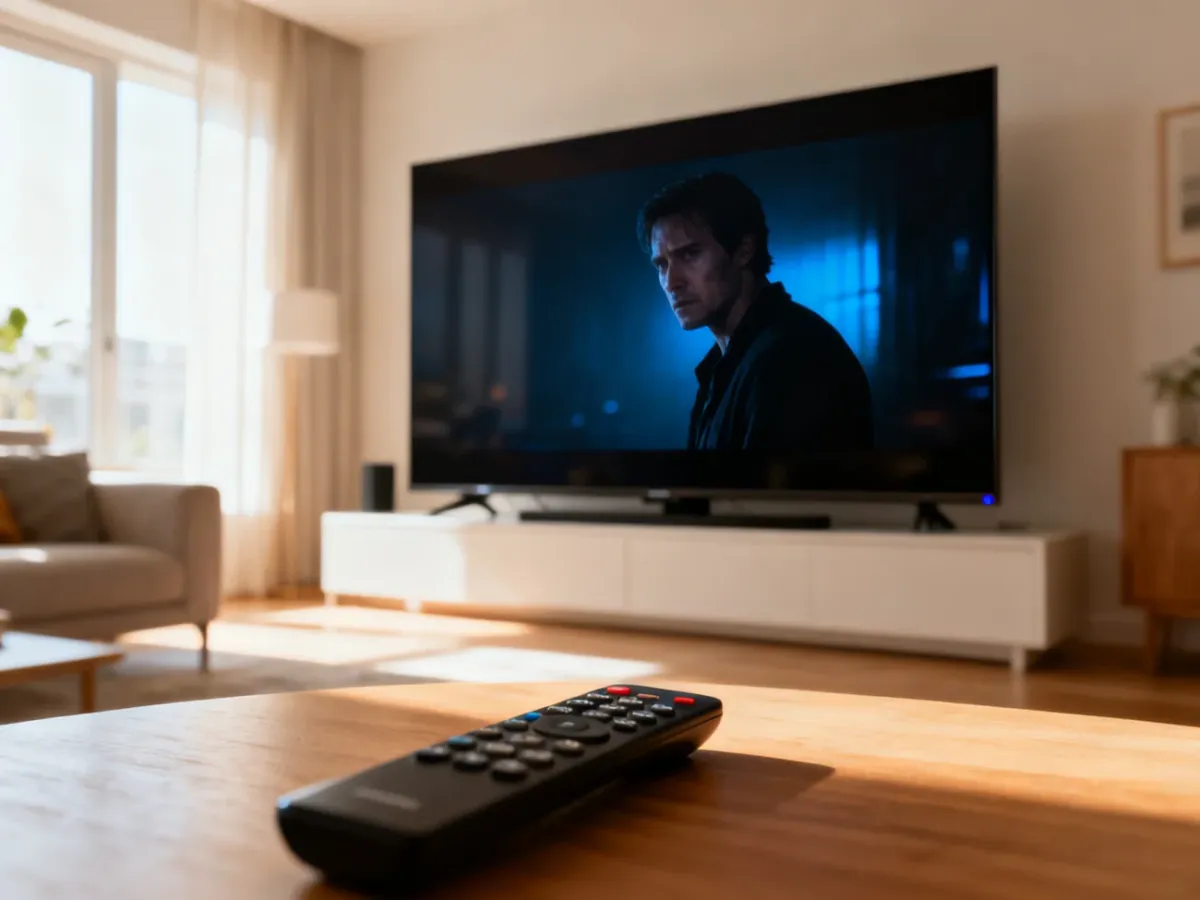 Ciemny obraz telewizora w jasnym salonie podczas sprawdzania ustawień obrazu