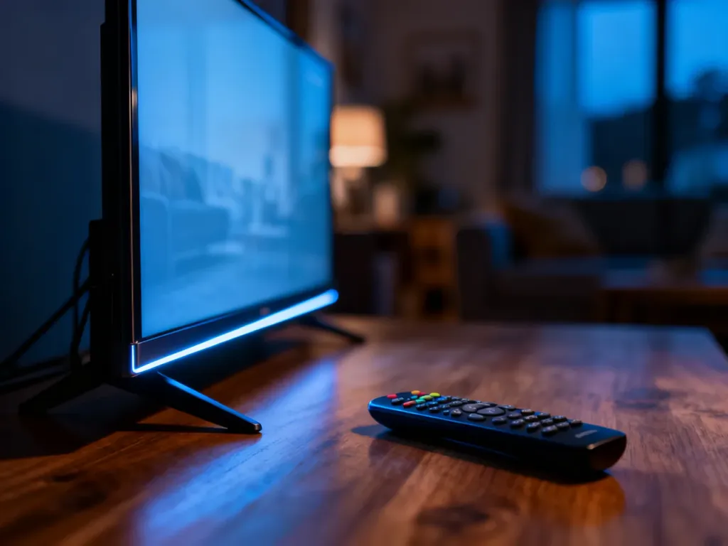 Nowoczesny telewizor z przyciemnionym obrazem w słabo oświetlonym salonie oraz pilot na pierwszym planie.
