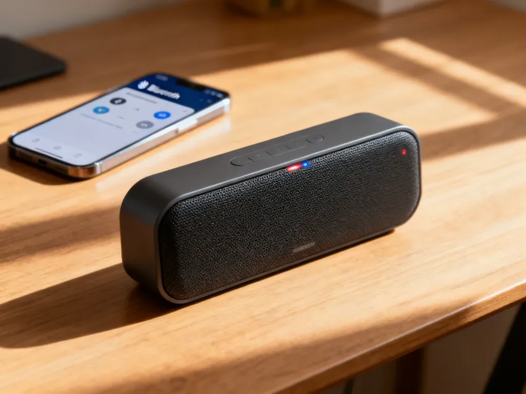 Nowoczesny głośnik Bluetooth na drewnianym biurku obok smartfona z otwartymi ustawieniami łączności bezprzewodowej.