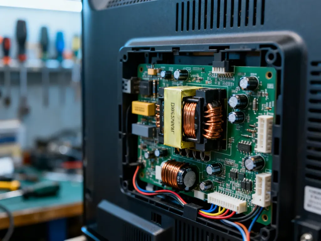 Wnętrze telewizora Philips z widocznym zasilaczem i układami elektronicznymi podczas profesjonalnej naprawy.