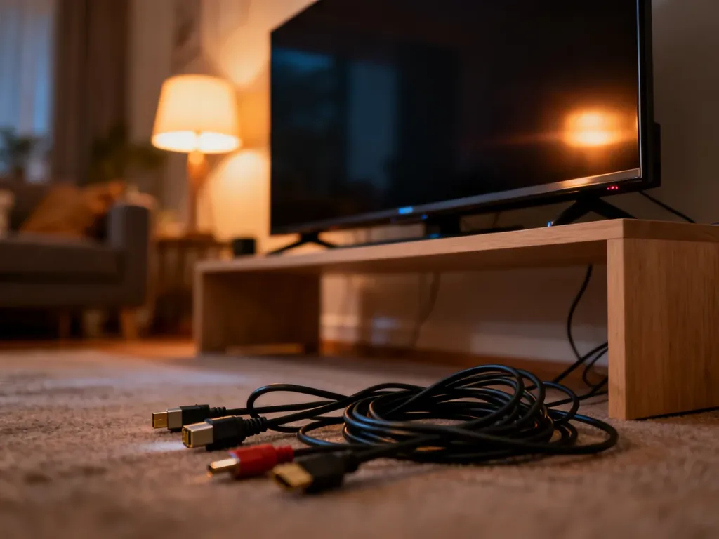 Plątanina kabli HDMI i audio pod wyłączonym telewizorem, symbolizująca problemy z połączeniem sprzętu.