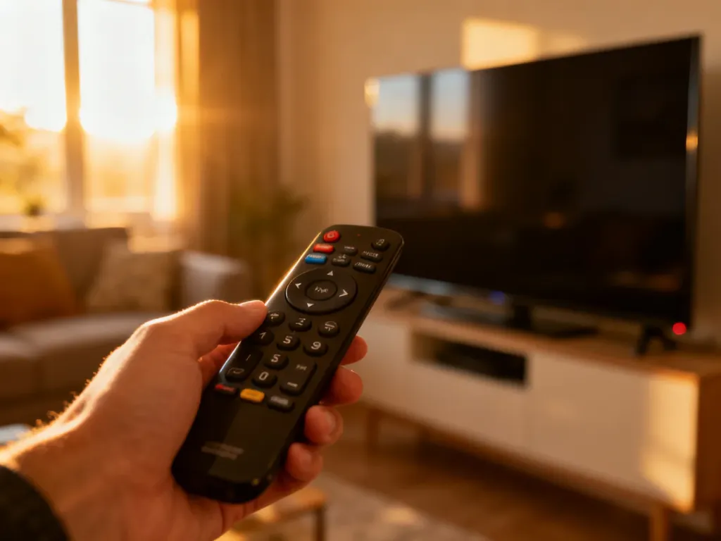 Dłoń trzymająca uniwersalny pilot skierowany w stronę włączonego telewizora w przytulnym salonie.
