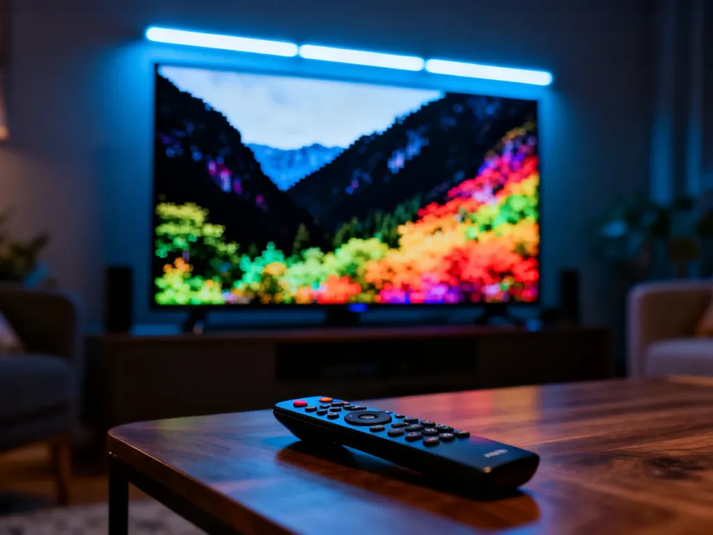 Nowoczesny telewizor 4K wyświetlający żywy krajobraz, obok którego leży pilot, ilustrujący optymalną jakość obrazu.