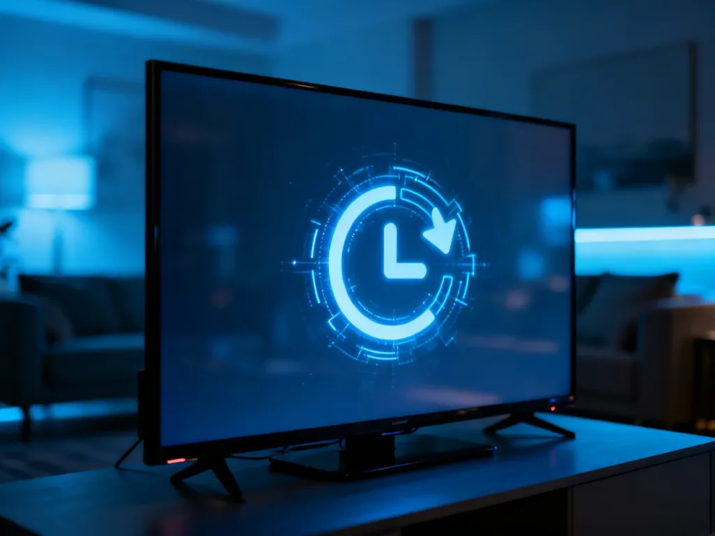 Nowoczesny telewizor Samsung z wyświetloną ikoną resetowania systemu, symbolizującą przywracanie ustawień fabrycznych.
