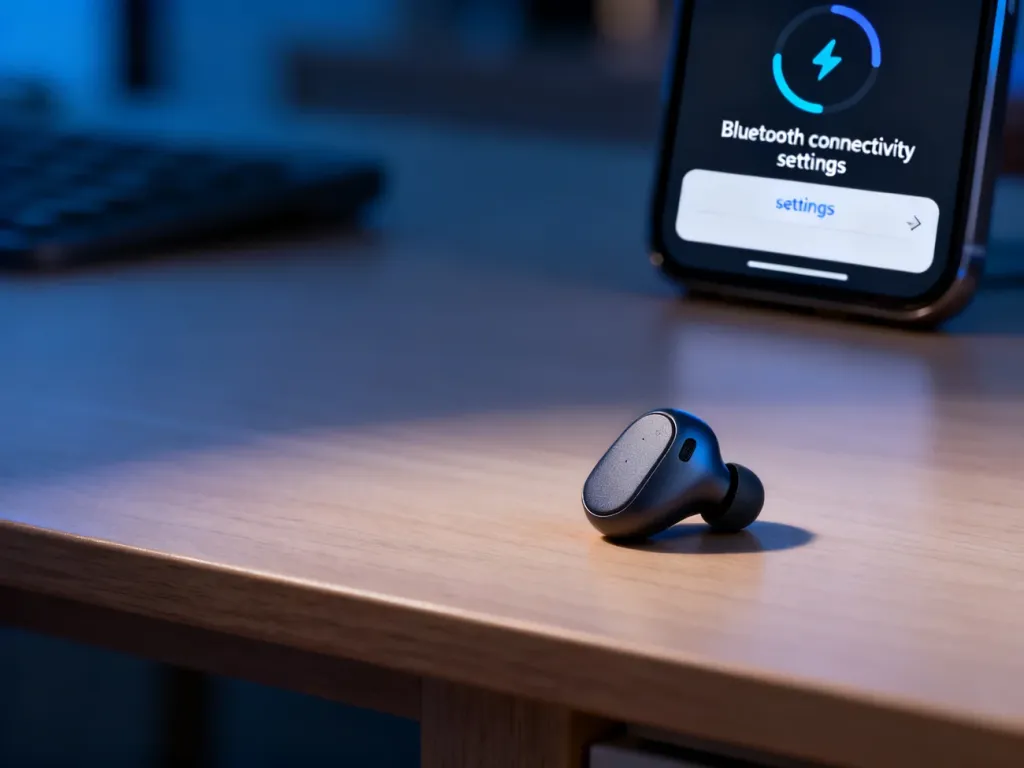 Nowoczesna słuchawka bezprzewodowa na biurku obok smartfona z otwartym menu ustawień Bluetooth podczas próby parowania.