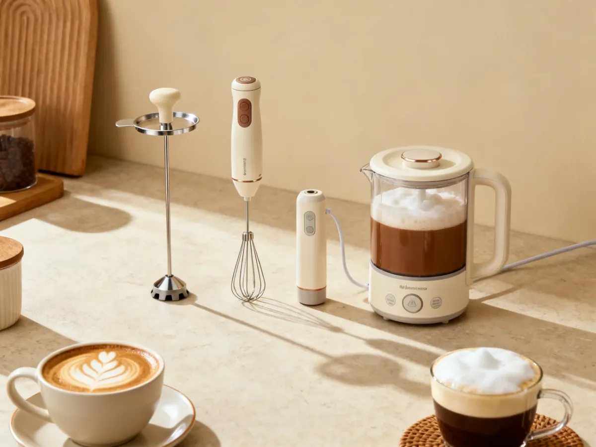 Trzy rodzaje spieniaczy do mleka obok filiżanek cappuccino i latte