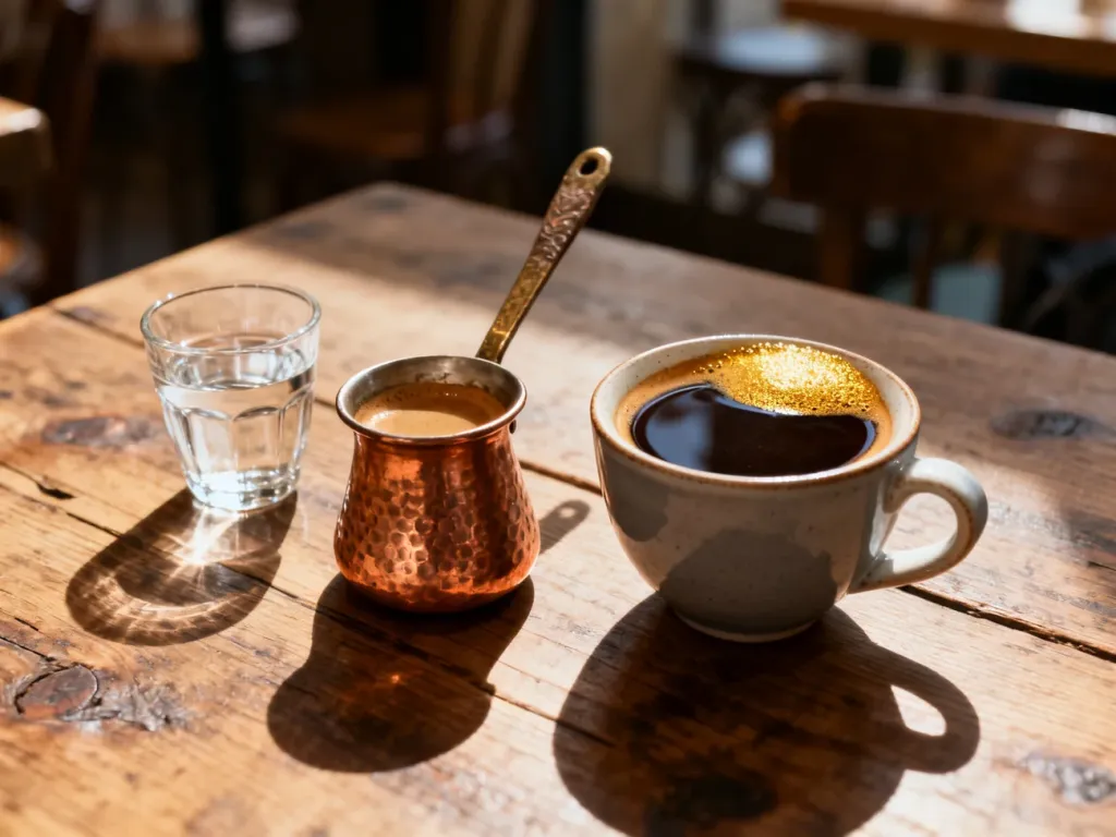 Tradycyjna kawa po grecku w tygielku obok nowoczesnego espresso na drewnianym stole w kawiarni.