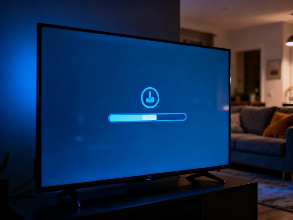 Ekran nowoczesnego telewizora z ikoną paska postępu aktualizacji systemu w przytulnym salonie.