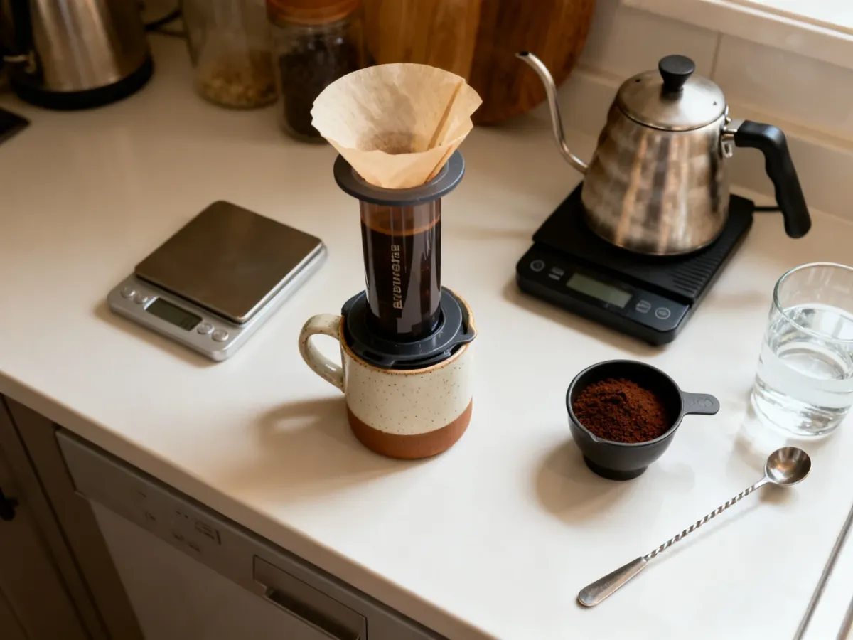 AeroPress stojący na kubku wraz z akcesoriami do przygotowania kawy