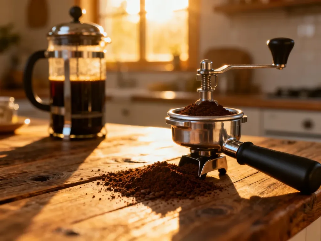 Stalowy młynek żarnowy z grubą kawą na drewnianym blacie w tle z zaparzaczem typu French press w porannym świetle.