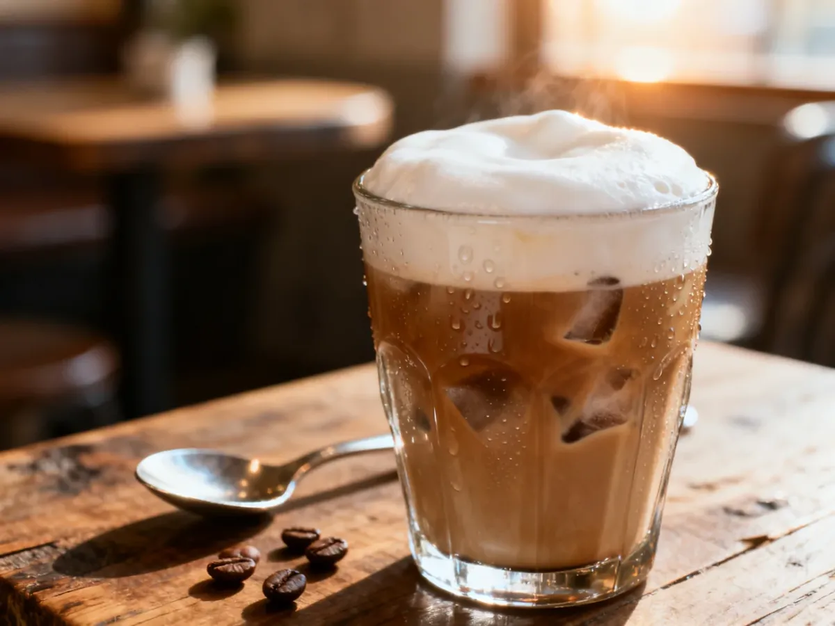 Szklanka mrożonego freddo cappuccino z gęstą pianką mleczną, stojąca na drewnianym stole w promieniach porannego słońca.