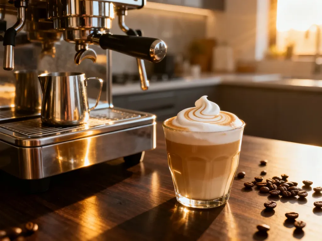 Profesjonalny spieniacz do mleka ze stali nierdzewnej obok filiżanki cappuccino z artystycznym wzorem na piance.
