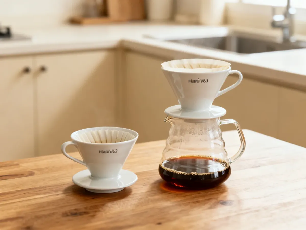 Dwa drippery Hario V60 w różnych rozmiarach obok karafki z kawą