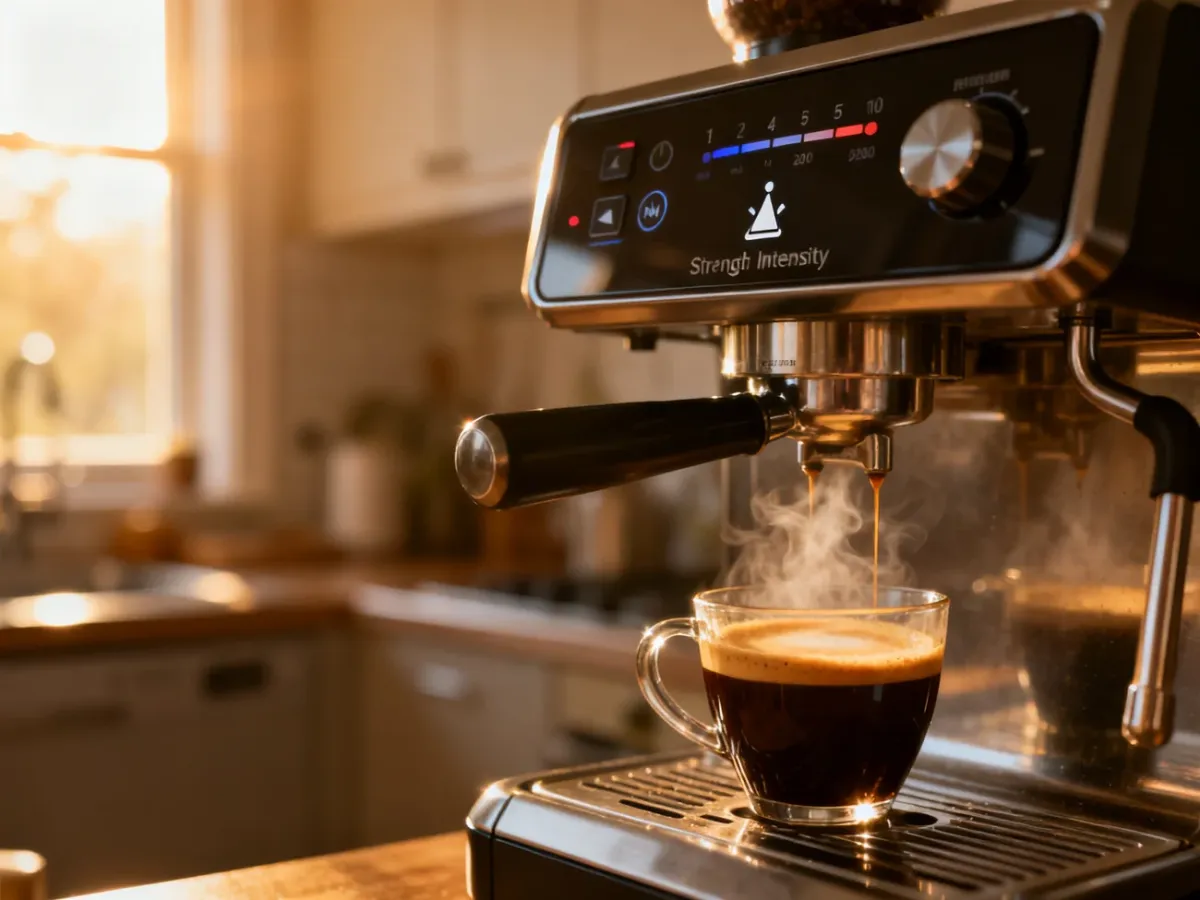 Panel sterowania ekspresu z wybraną intensywnością kawy oraz filiżanka świeżego espresso z gęstą cremą.