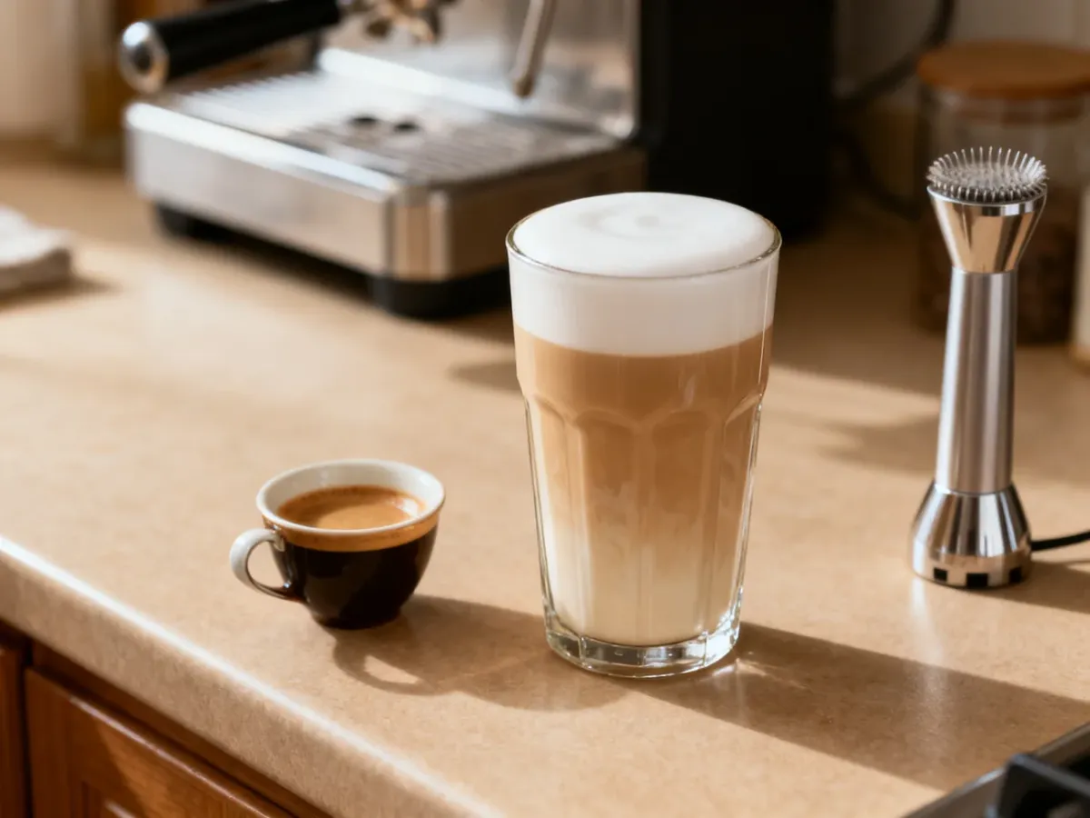 Kremowe domowe latte w wysokiej szklance z delikatną pianką