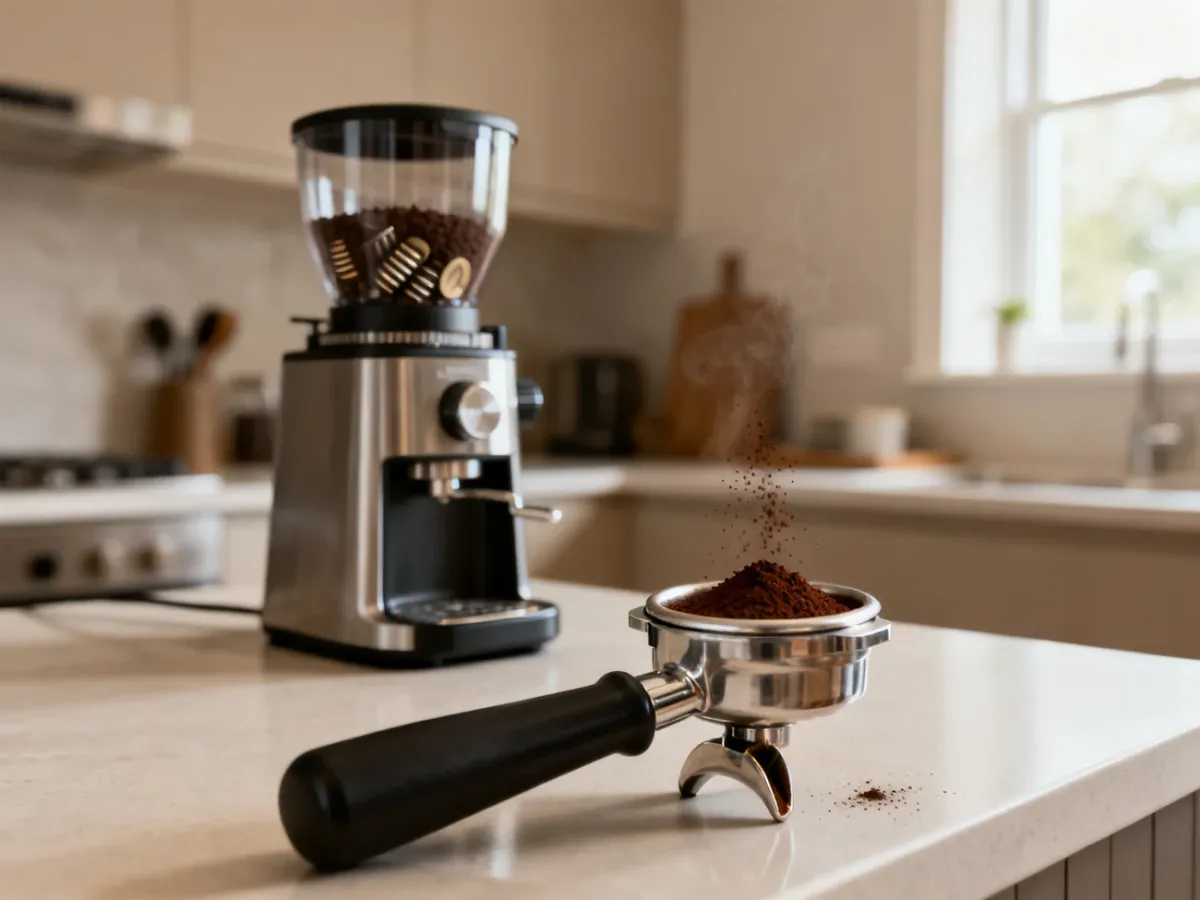 Młynek żarnowy do espresso z porcją świeżo zmielonej kawy