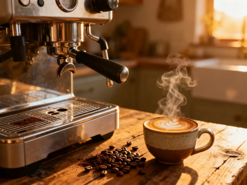 Profesjonalny ekspres kolbowy na drewnianym blacie z filiżanką świeżej kawy, podkreślający domową atmosferę parzenia espresso.