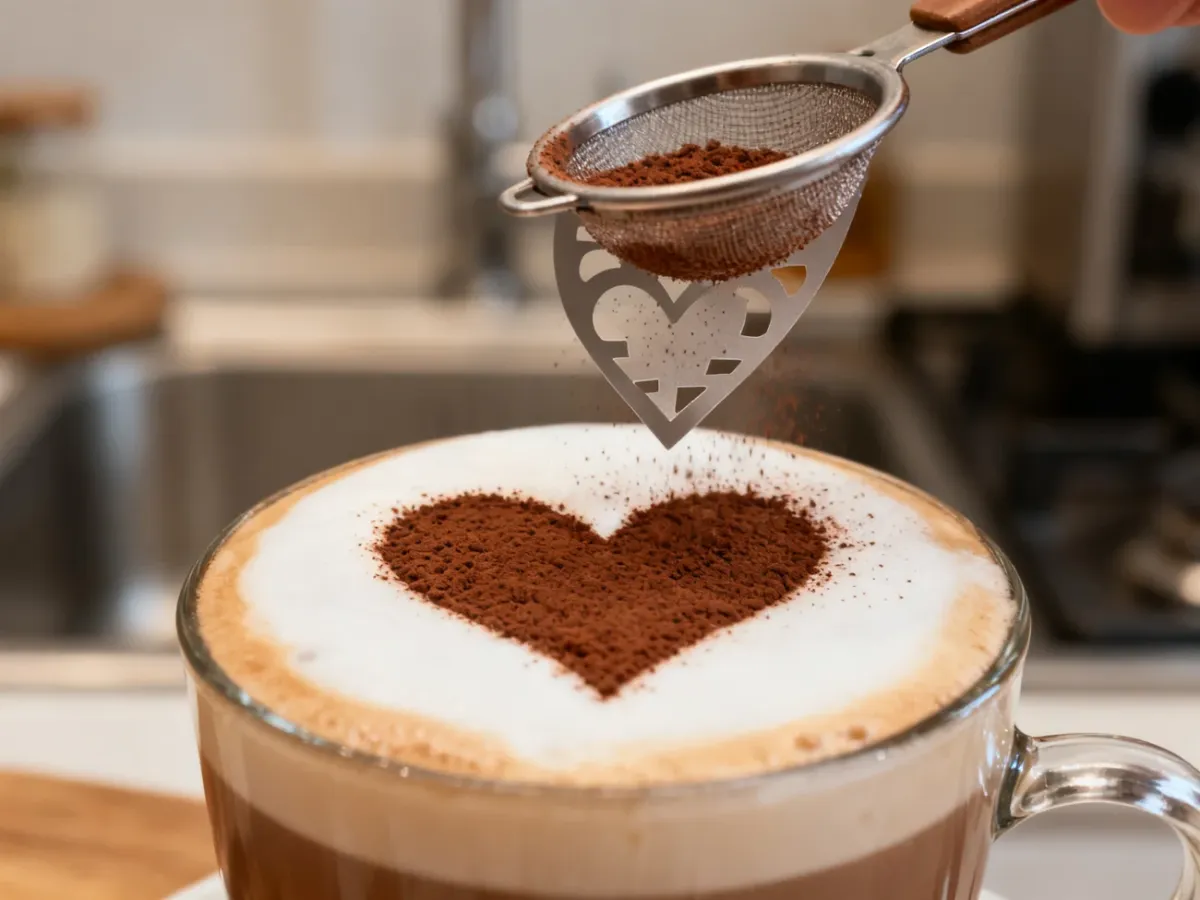 Dekorowanie cappuccino kakao przez szablon
