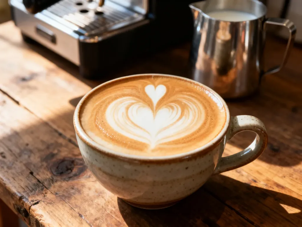 Filiżanka kawy flat white z serduszkiem z pianki na drewnianym stole w przytulnej, porannej atmosferze.