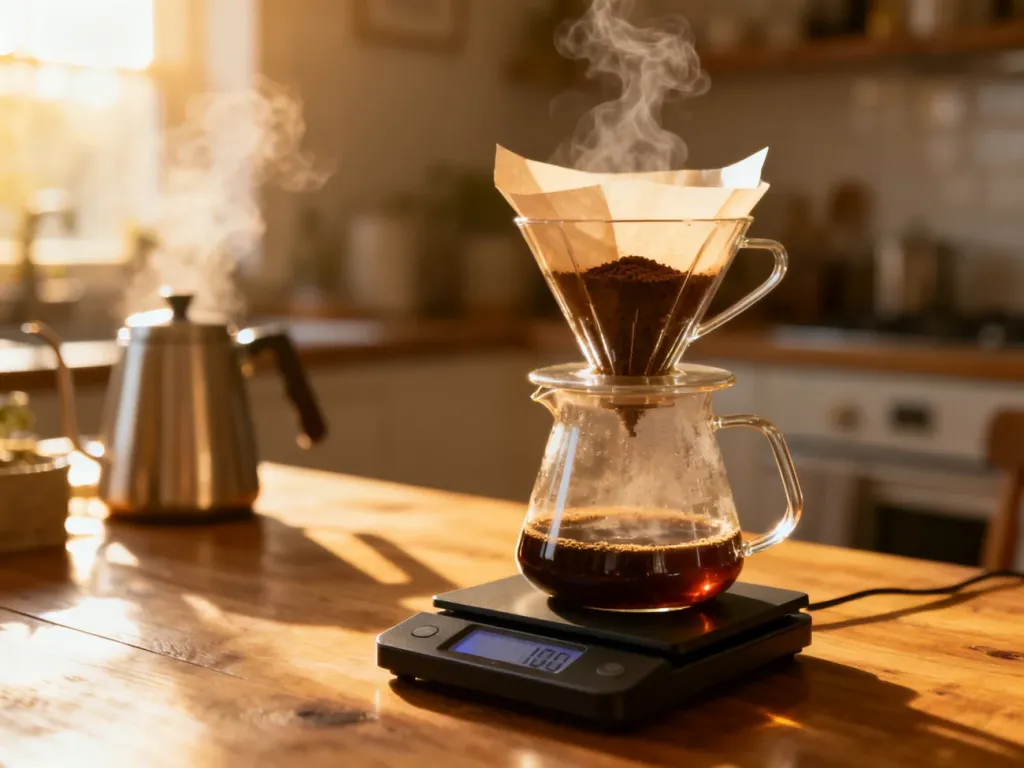 Szklany dripper na wadze kuchennej z kawą w papierowym filtrze, przygotowywany w ciepłym, porannym świetle.