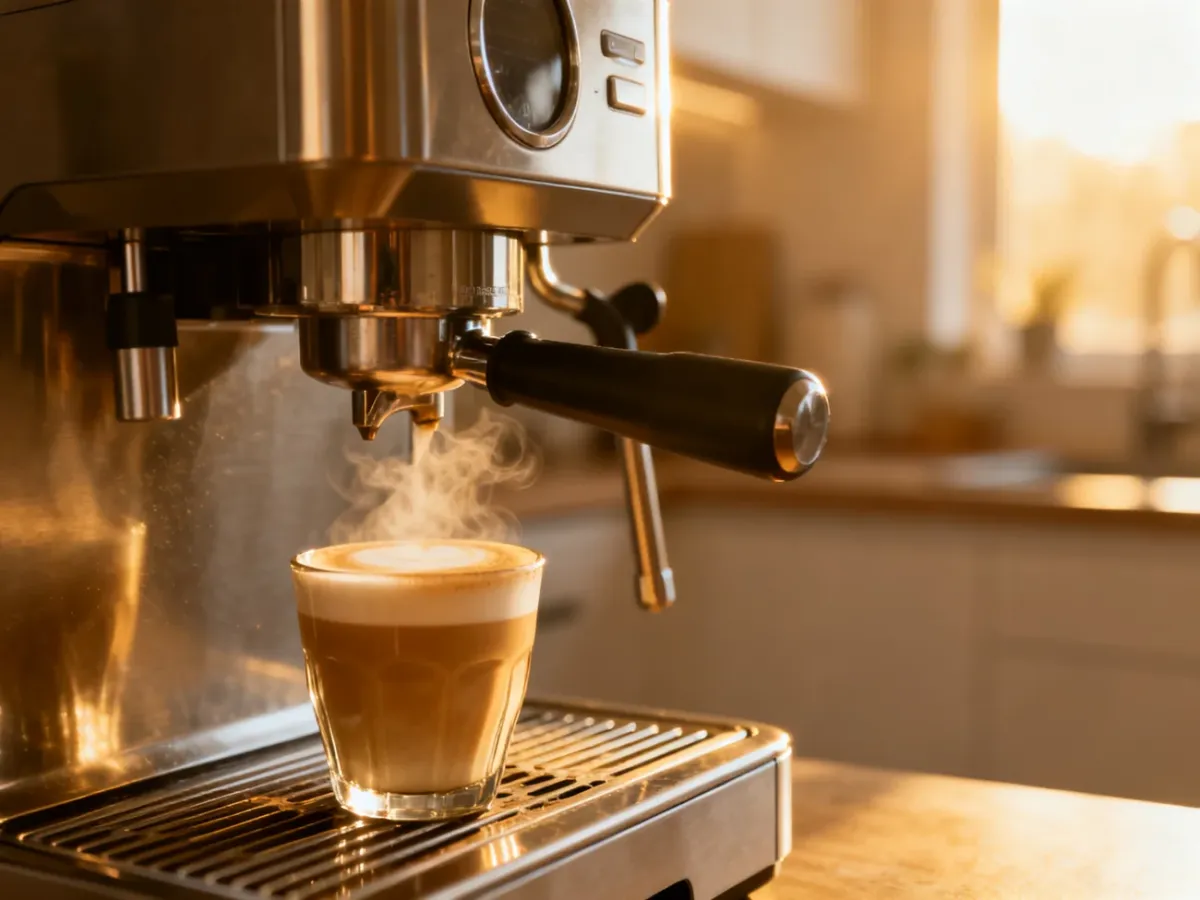 Nowoczesny ekspres do kawy z systemem spieniania mleka oraz filiżanka świeżego cappuccino w przytulnej kuchni.