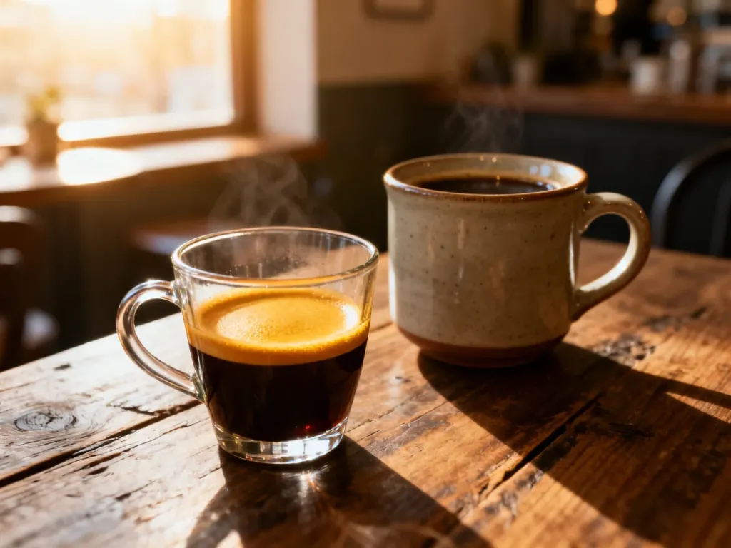 Szklanka espresso z gęstą cremą obok kubka kawy przelewowej na drewnianym stole w przytulnej kawiarni.