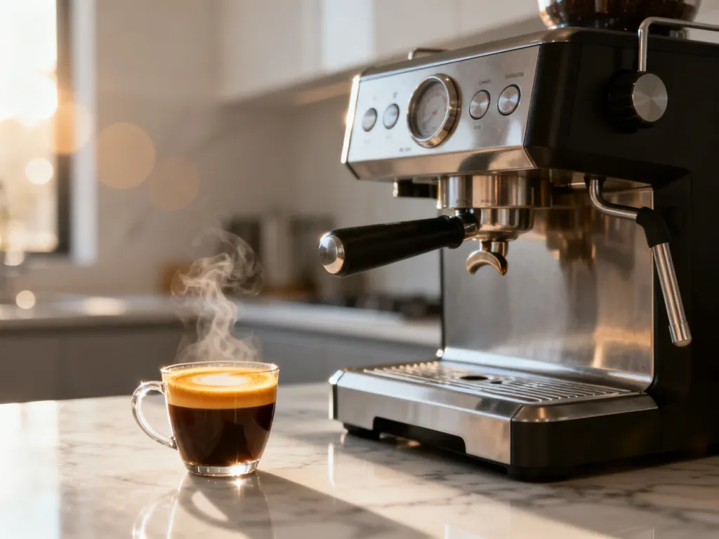 Automatyczny ekspres do kawy na marmurowym blacie z filiżanką świeżego espresso w porannym świetle.