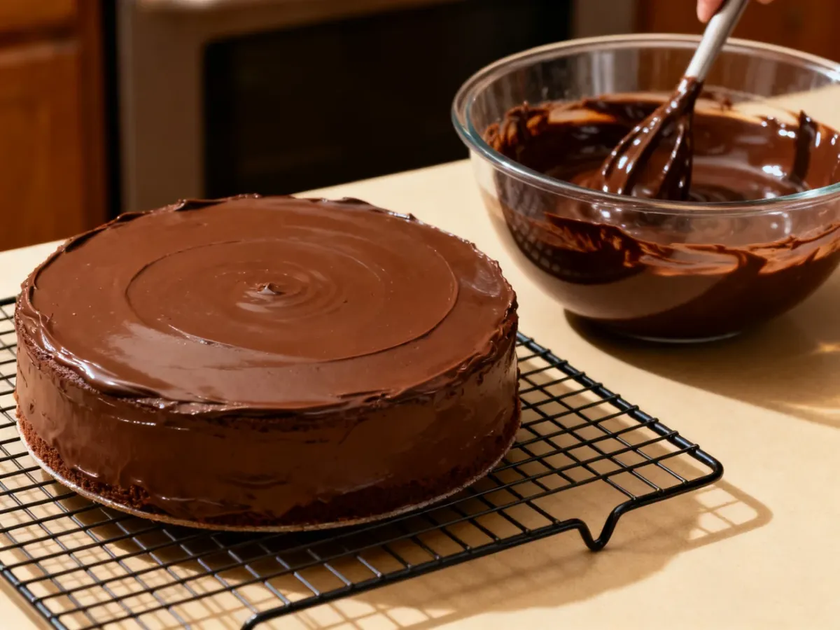 Gładki tort i miska z przygotowywanym czekoladowym ganache