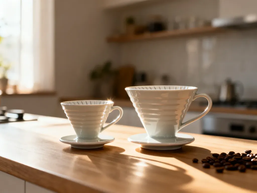 Porównanie ceramicznych dripperów Hario V60 w rozmiarach 02 i 03 ustawionych obok siebie na drewnianym blacie.