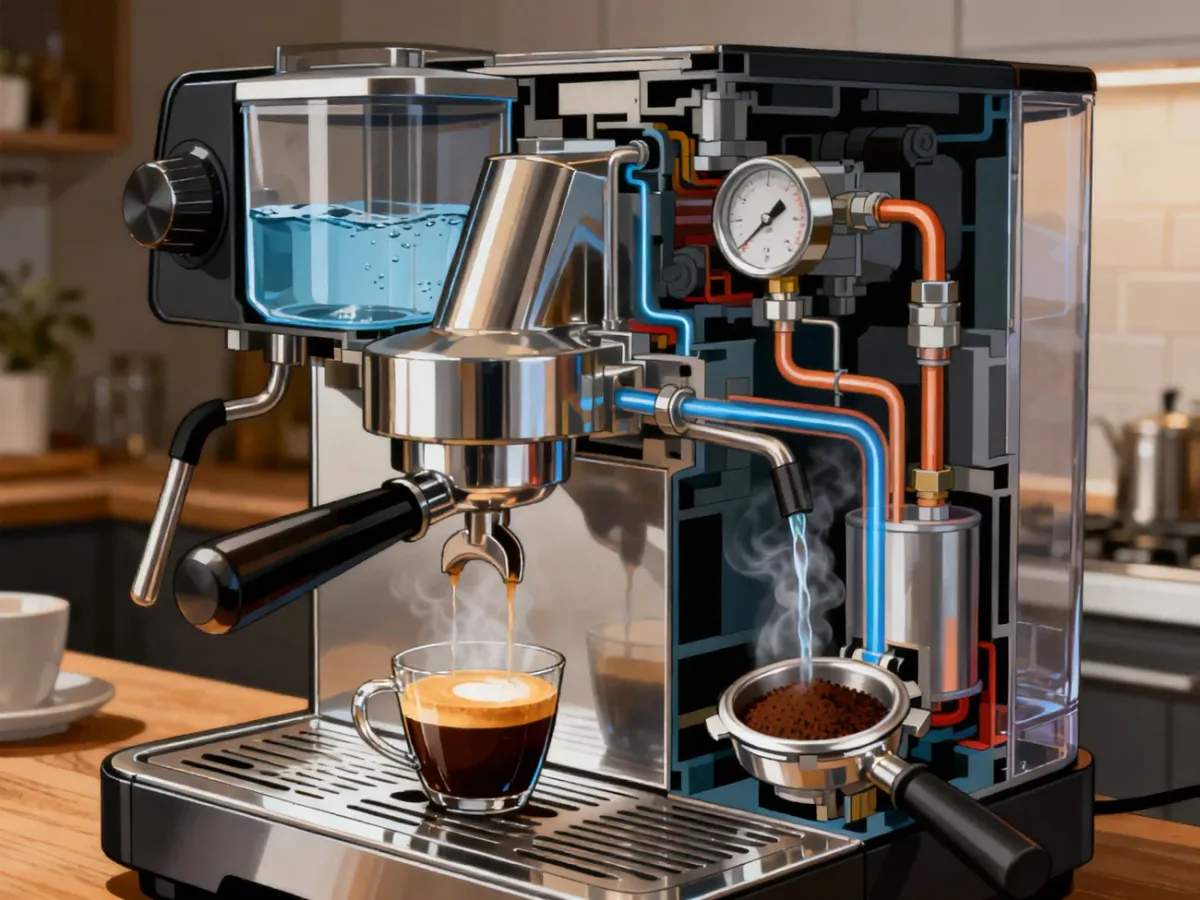 Schematyczny przekrój ekspresu pokazujący przepływ wody od zbiornika do filiżanki espresso