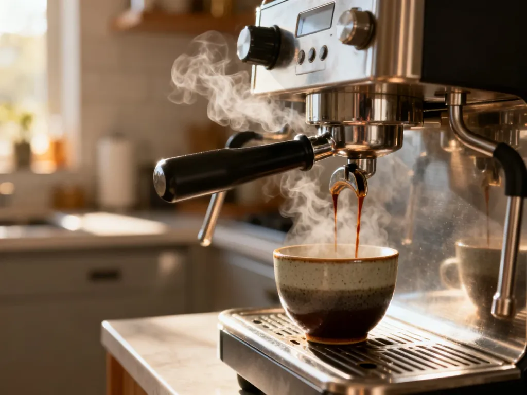 Profesjonalny ekspres ciśnieniowy parzący aromatyczne espresso w przytulnej, nasłonecznionej kuchni.