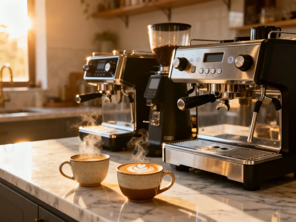 Automatyczny ekspres do kawy oraz model kolbowy stojące obok siebie na kuchennym blacie z filiżankami świeżego espresso.