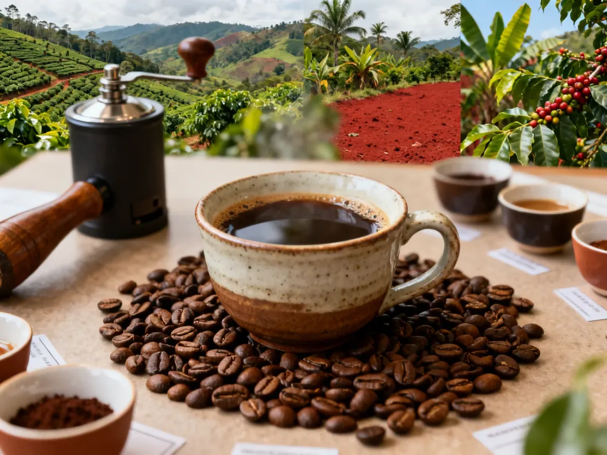 Filiżanka kawy single origin otoczona ziarnami i akcesoriami do degustacji