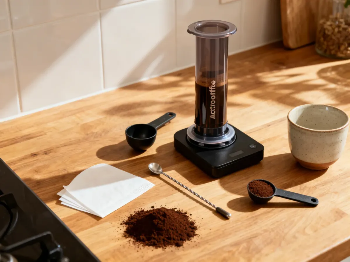 AeroPress z akcesoriami do ręcznego parzenia kawy na kuchennym blacie