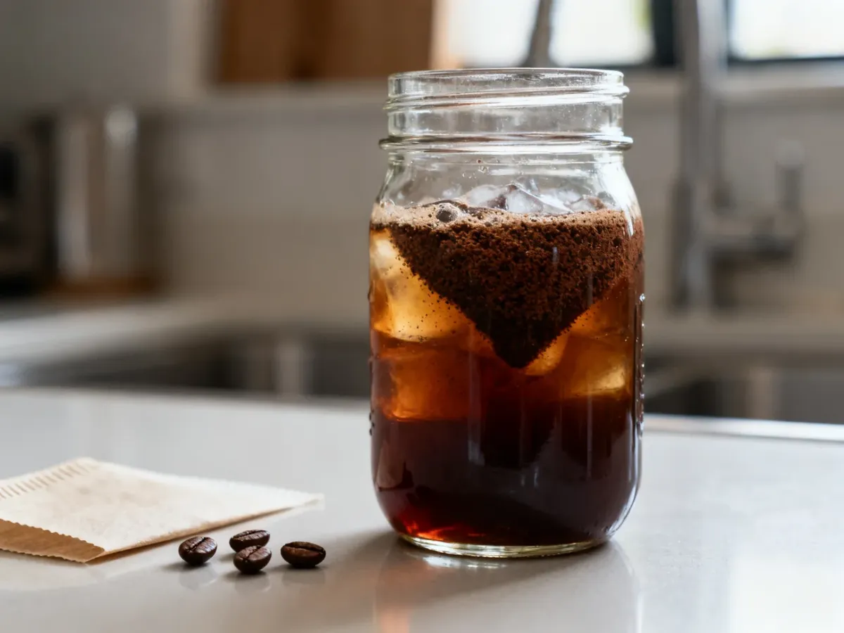 Słoik z kawą cold brew macerowaną w zimnej wodzie
