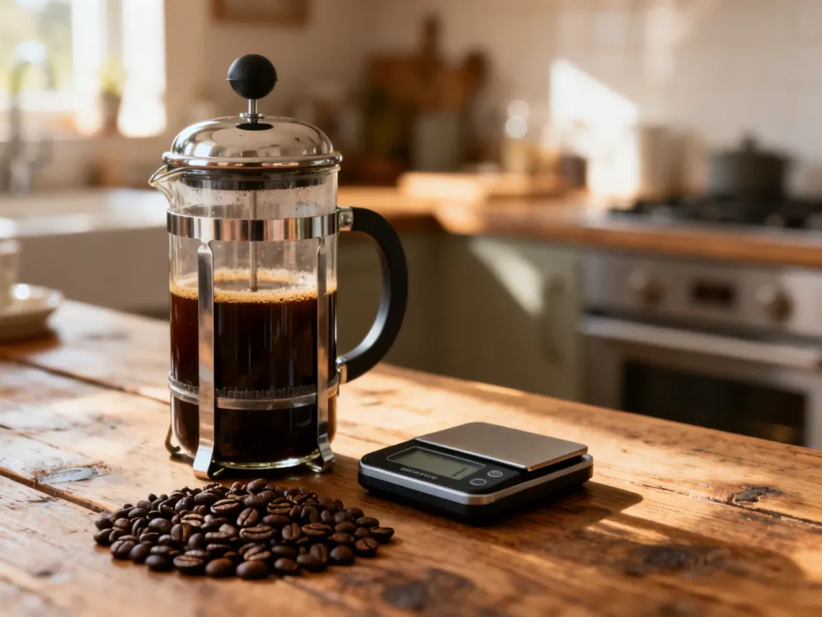 French press z zaparzoną kawą, waga kuchenna i ziarna kawy na drewnianym blacie w porannym świetle.