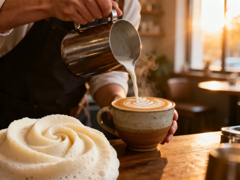 Barista wlewa spienione mleko owsiane do kawy, tworząc wzór latte art w przytulnej kawiarni.