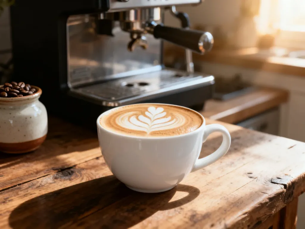 Filiżanka cappuccino z artystycznym wzorem na piance, stojąca na drewnianym stole w przytulnej, porannej atmosferze.