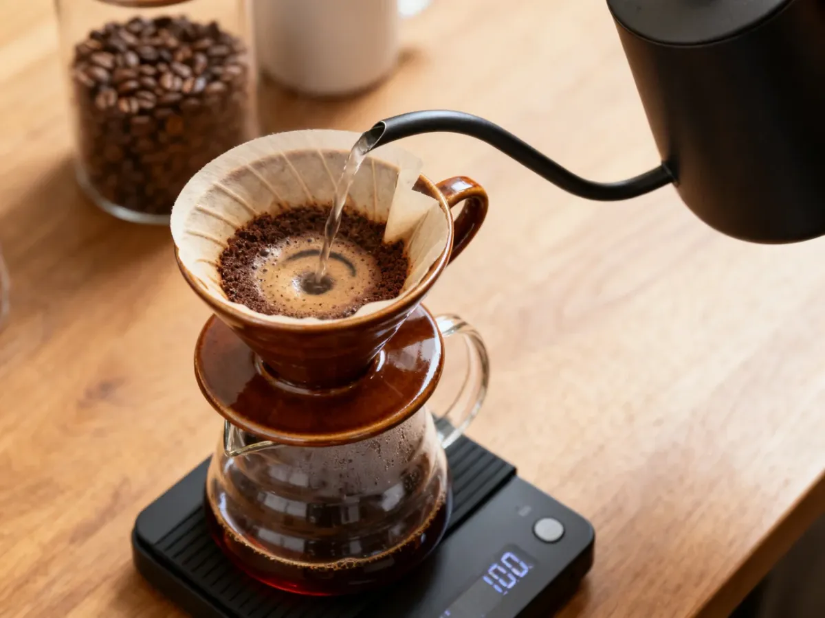 Parzenie kawy w dripperze V60 nad szklanym serwerem