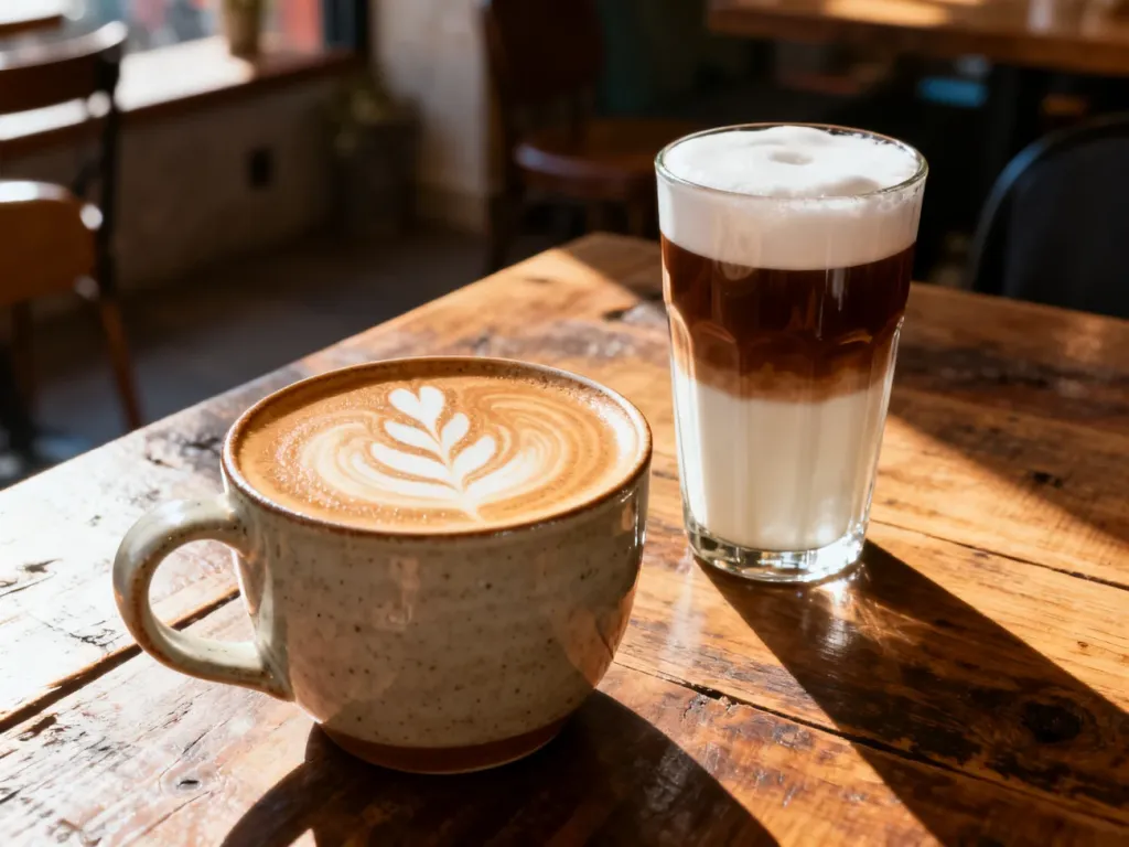 Porównanie caffe latte w ceramicznym kubku z latte macchiato w szklance, ukazujące różnice w warstwach i podaniu kawy.