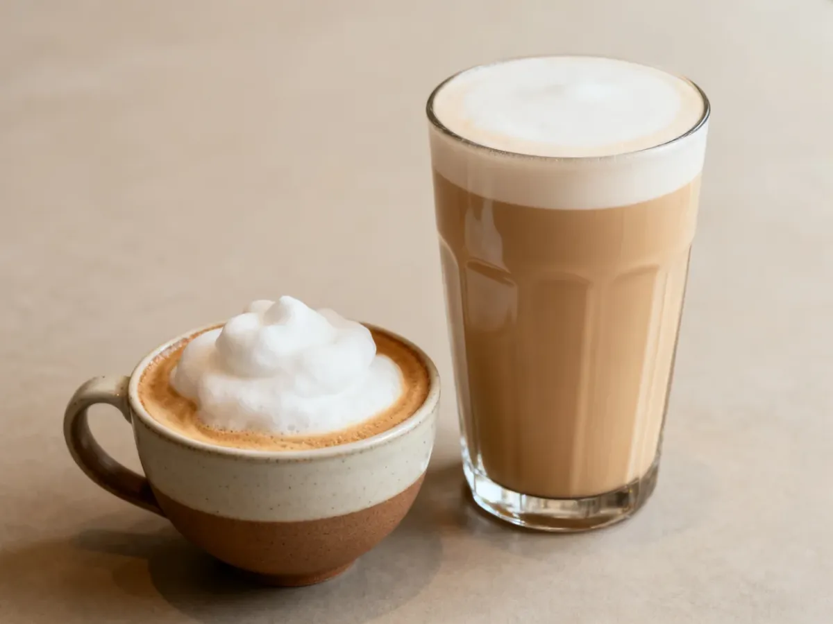 Cappuccino i latte przedstawione obok siebie, z różnymi proporcjami mleka i pianki